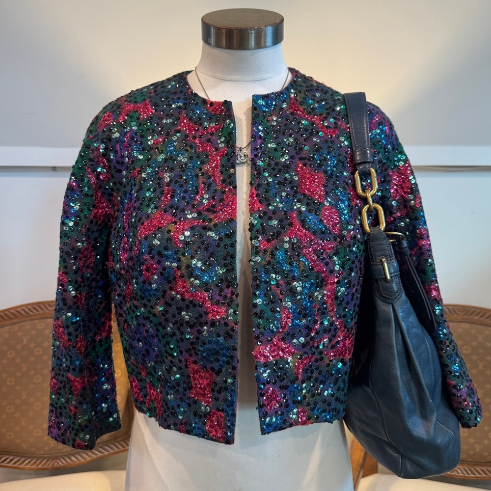 Vintage 70s Colorful Sequin Embellished Multicolor Jacket Cardigan - Picture 1 of 10
